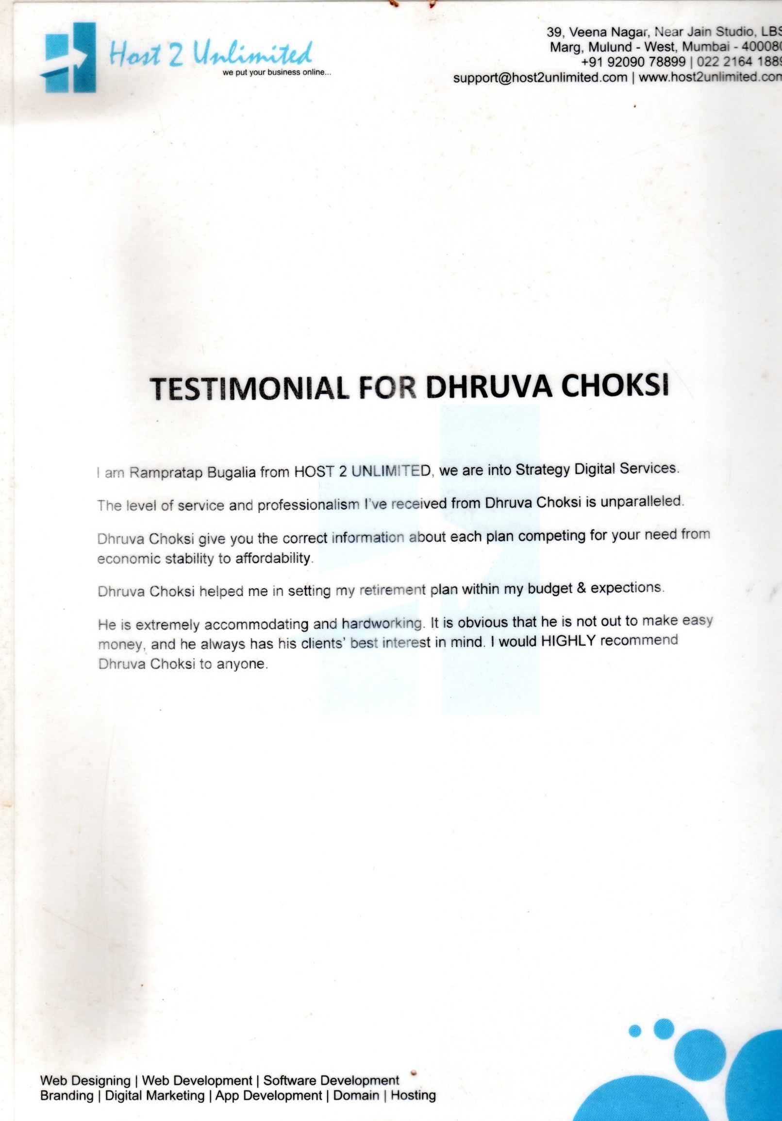 Testimonial letter from Rampratap Bugalia, Host 2 Unlimited